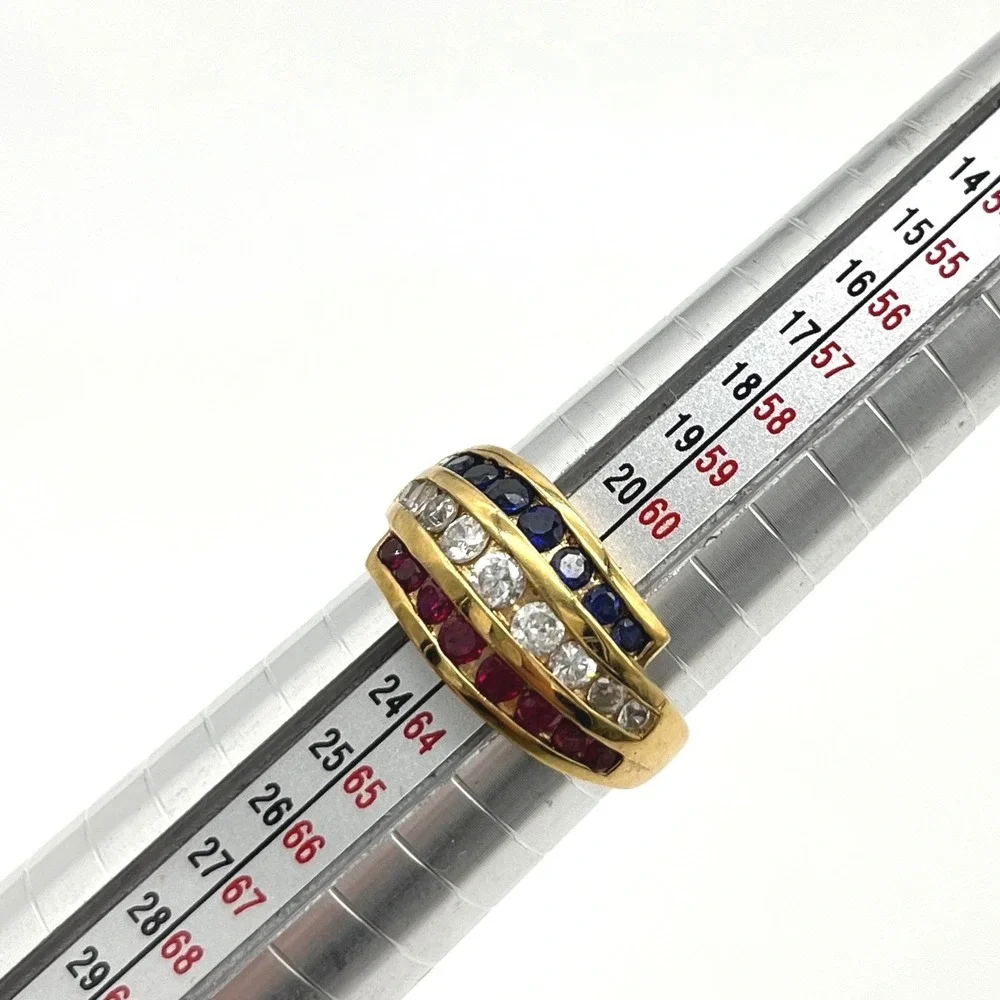 Gold Vermeil Sterling Silver Red‎ White Blue Channel Set Triple Row Ring Size 10
